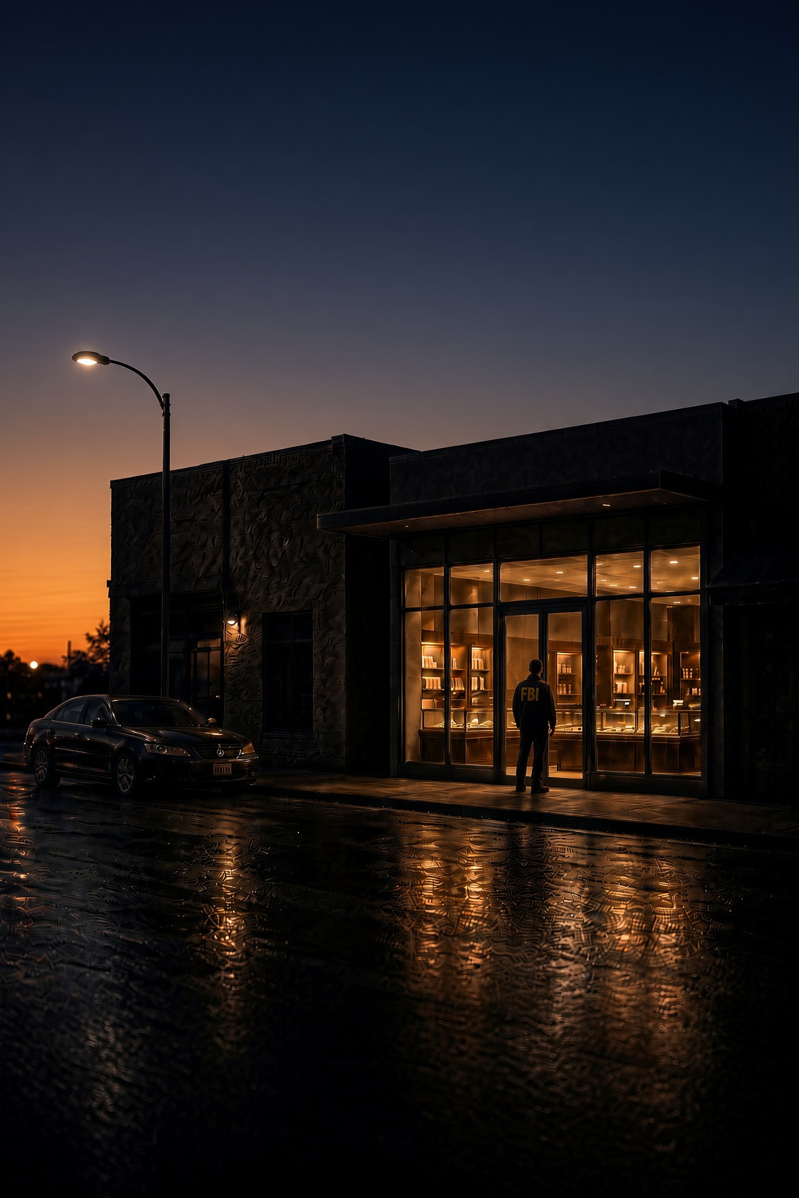 Flawed Imitation book cover — an FBI agent outside a jewelry store at night