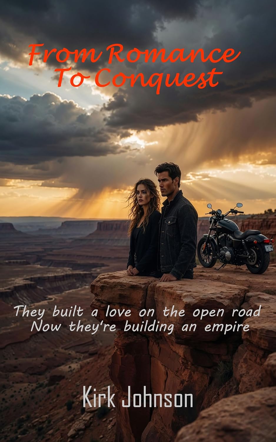 From Romance to Conquest book cover — a couple on a canyon rim beside a motorcycle at sunset