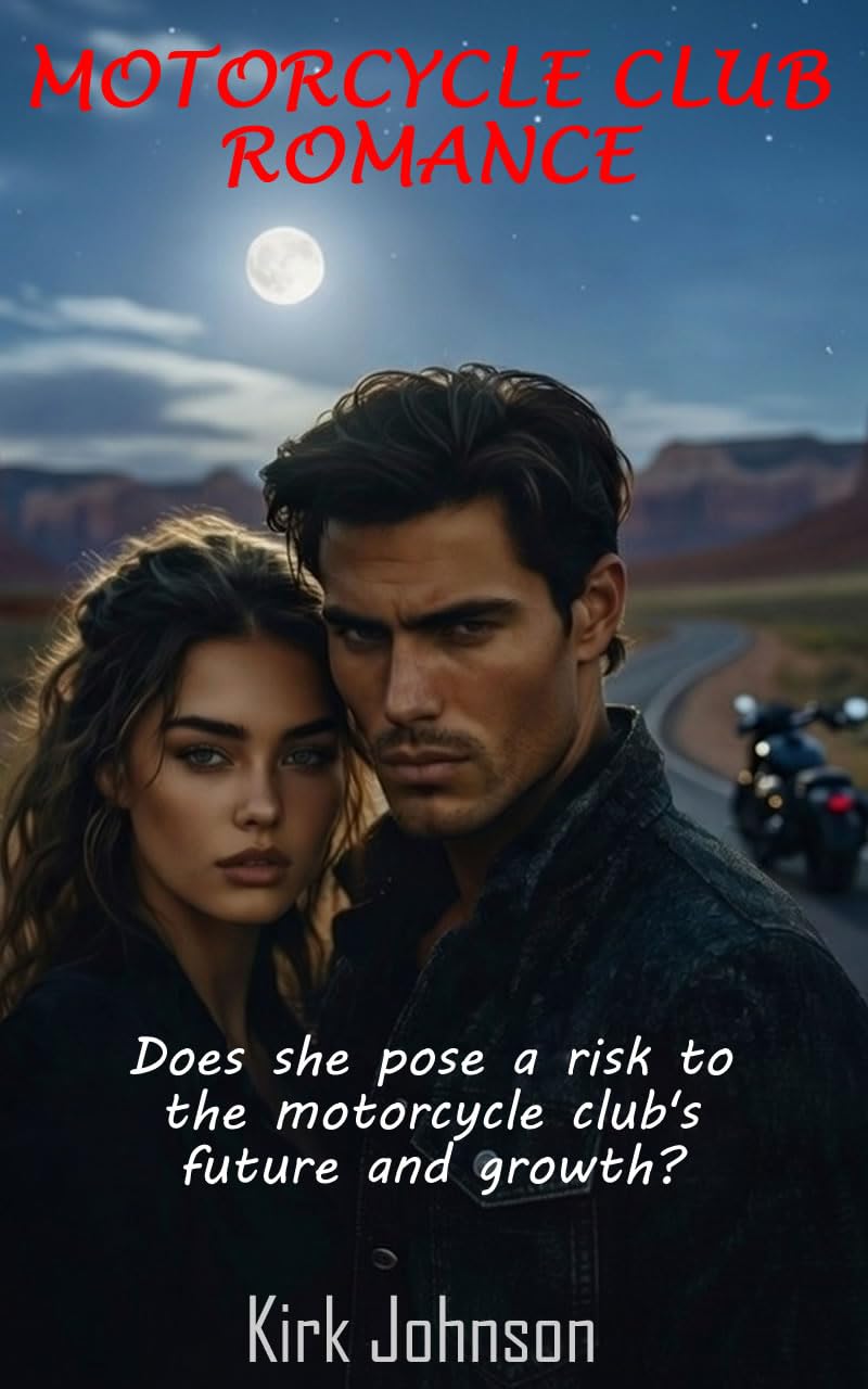 Motorcycle Club Romance book cover — a couple under a full moon on a desert highway
