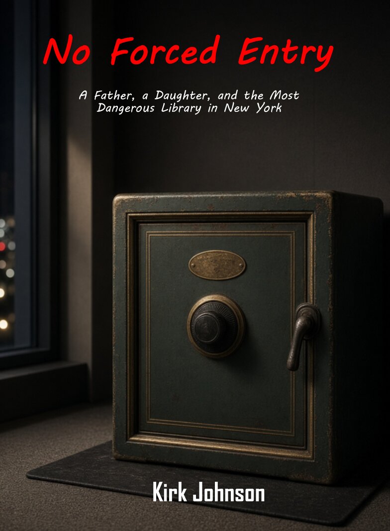 No Forced Entry book cover — an old iron safe by a window at night with city lights beyond