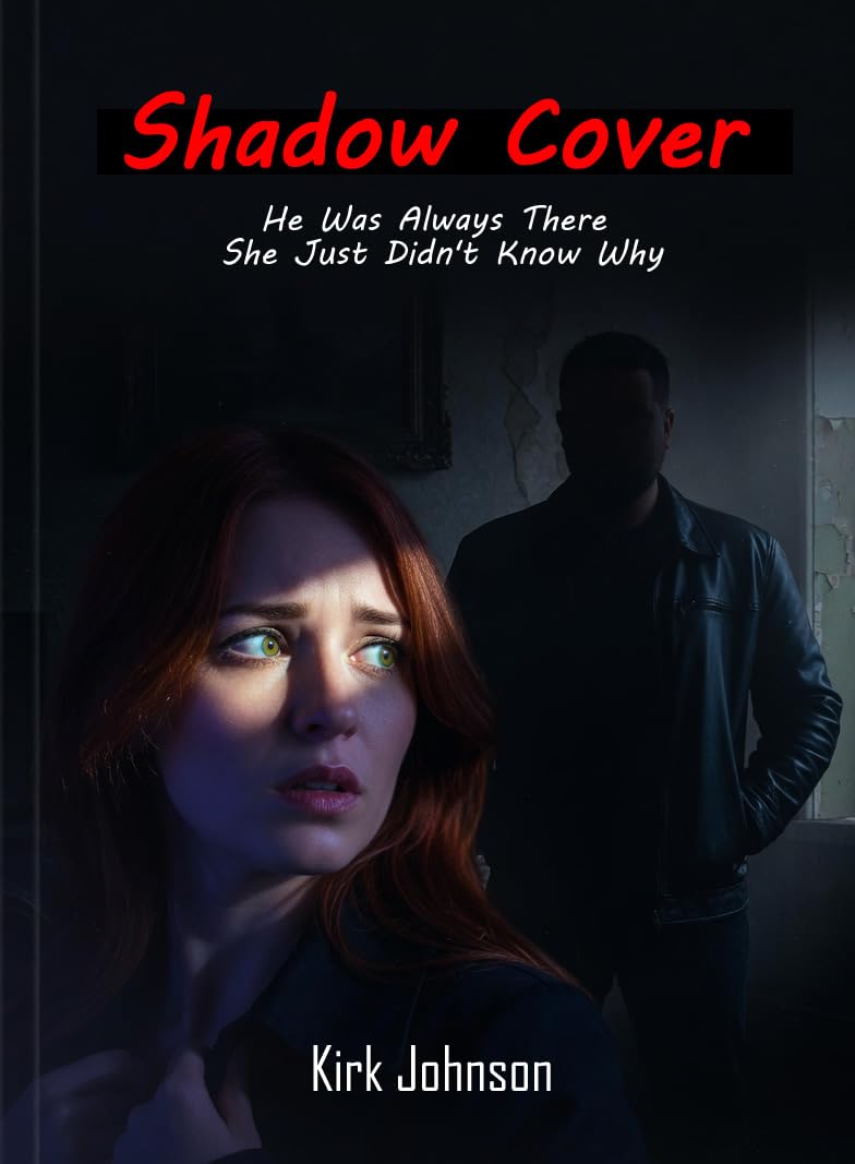 Shadow Cover book cover — a woman looking over her shoulder at a man in the shadows
