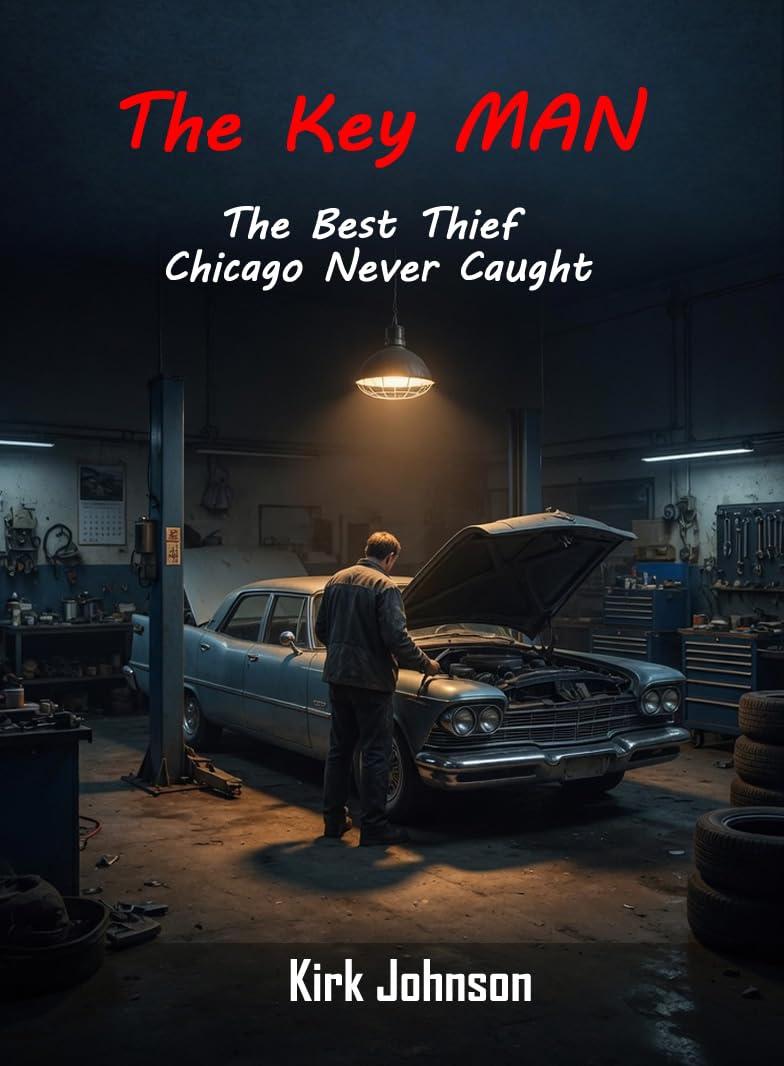 The Key Man book cover — a man working under the hood of a car in a dim garage